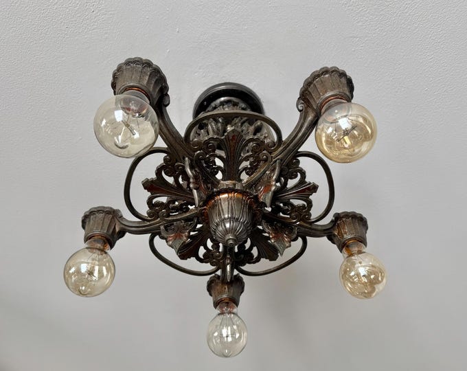Antique Semi-Flush Mount Light Fixture, 1910's Five Bulb, Original Multi-Color Decor, Rewired and Ready to Install, Riddle Company