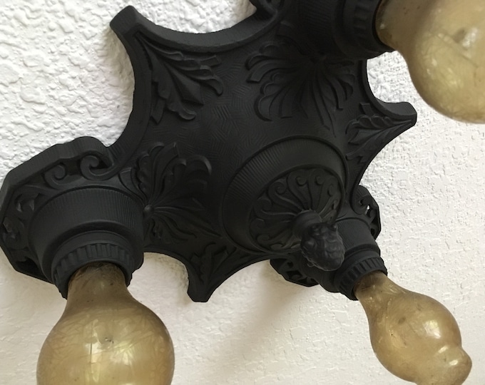 Flush Mount Ceiling Light, 1926 Heavy Cast Iron, Charcoal Black, Rewired, Low Profile Short Ceiling