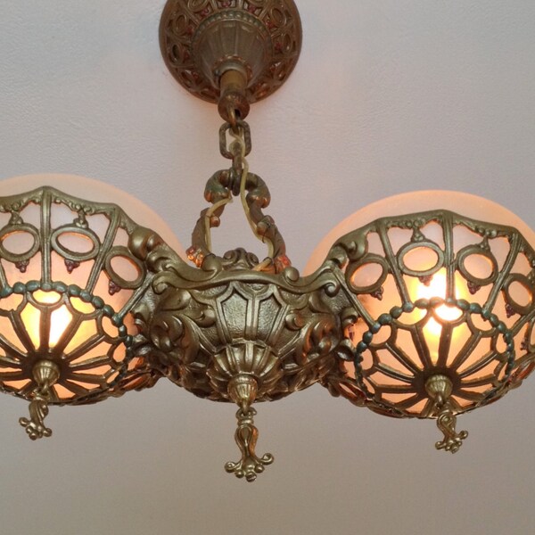 RESERVED: Hanging Slip Shade Ceiling Fixture, Gill Glass Fixture Company 'Du Barry Line', 1920's, 2 Light Restored, Rare, Patina