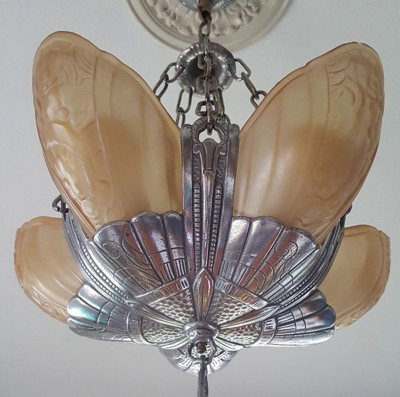 Slip Shade 5 Light Hanging Chandelier, 1920's Original Nickel Decor, Rewired/Restored, Ready to Hang, Lincoln Electric