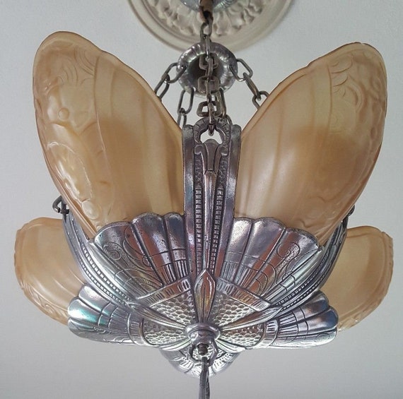 1920\'s Light Lincoln Rewired/restored, Ready Hang, Nickle Shade Etsy to Original - Chandelier, 5 Electric Decor, Hanging Slip