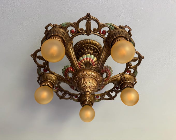 1914 Semi-Flush Fixture Chandelier, Heavy Cast Iron Original Gold with Multi Color Decor, Rewired and Ready to Install