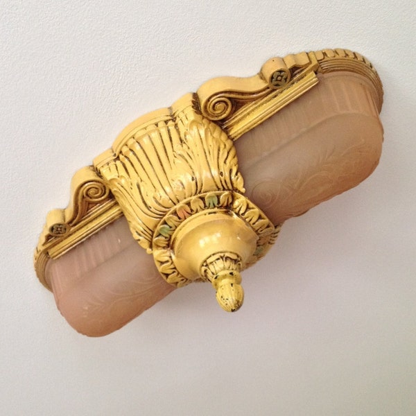 1920's Antique Flush Mount Slip Shade Ceiling Fixture, 2 Light, Restored, Yellow Ochre with Lavander-Pink Glass Shades
