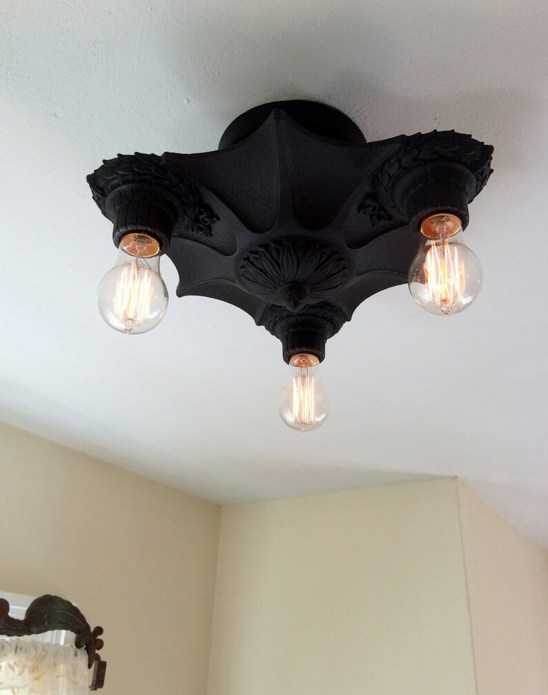 Semi Flush Mount Cast Iron Ceiling Light 1920 S Art Deco Markel Web Design Charcoal Black Rewired Low Profile Short Ceiling