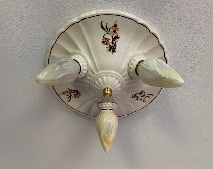 Art Nouveau Farmhouse Flush Mount Ceiling Fixture, 1920's Three Bulb Porcelain, Rewired, Manufactured by Porcelier