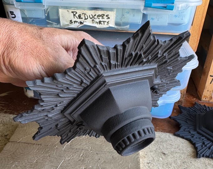 1910's Cast Iron Flush Mount Ceiling Fixture, Starburst Pattern, Refinished Charcoal Black,  Ready to install,  Hallway, Foyer Closet