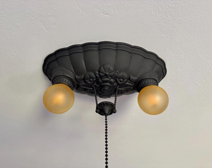 1910's Flush Mount Light Fixture with On/Off Pull Switch, Two Bulb Cast Aluminum, Rewired/Ready to Install Charcoal Black, Lincoln Electric