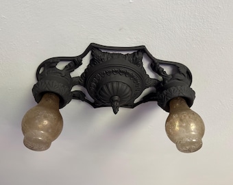 Antique Flush Mount Ceiling Light Fixture, 1910's Cast Iron, Rewired and Restored, Charcoal Black