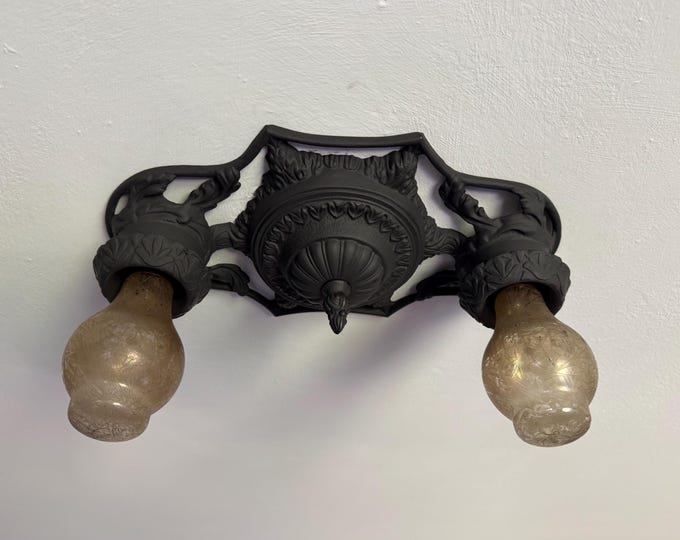 Antique Flush Mount Ceiling Light Fixture, 1910's Cast Iron, Rewired and Restored, Charcoal Black