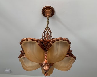 Antique Hanging Slip Shade Ceiling Fixture, 1910's Cast Iron 5 Light, Rewired, Original Copper/Bronze Decor, Electrolier