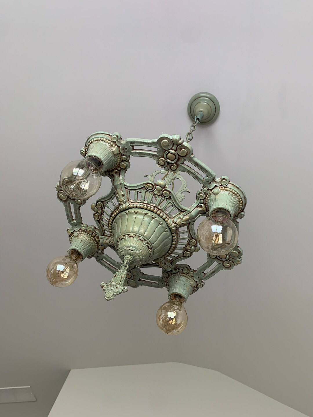 Antique Hanging 4 Bulb Ceiling Light, 1910's Cast Metal, Refinished
