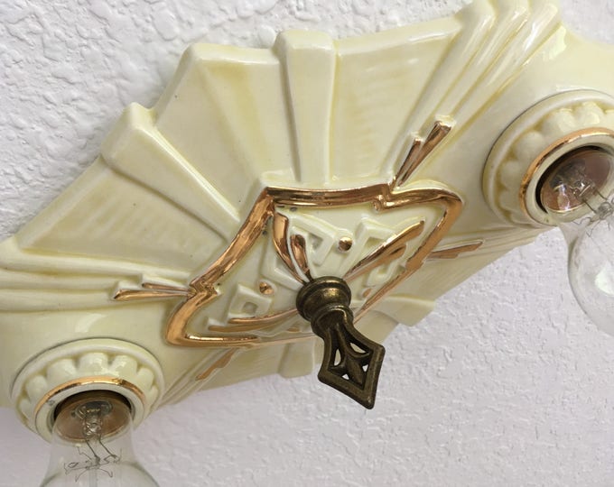 Antique Flush Mount Ceiling Fixture, Two Light Porcelain Bone China, Deco Nouveau Mix,Rewired, 1920's