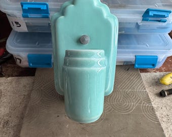 Antique Porcelain Wall Sconce, Robin Egg Blue, 1920's Single Bulb with Plug-in, Rewired/Ready to Install