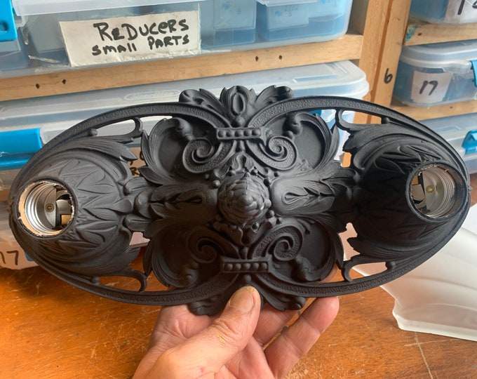 Antique Flush Mount Cast Aluminum Ceiling Light, 1910's Victorian, Charcoal Black, Rewired