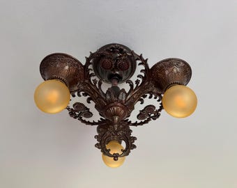 1920's Semi Flush Ceiling Fixture, Antique Lighting, 3 Bulb Original Bronze Decor with Deep Red Accents Restored, Shooting Stars/Sunflowers