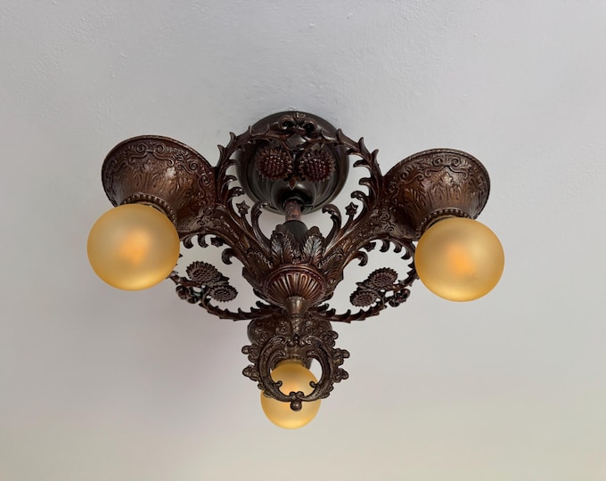 1920's Semi Flush Ceiling Fixture, Antique Lighting, 3 Bulb Original Bronze Decor with Deep Red Accents Restored, Shooting Stars/Sunflowers