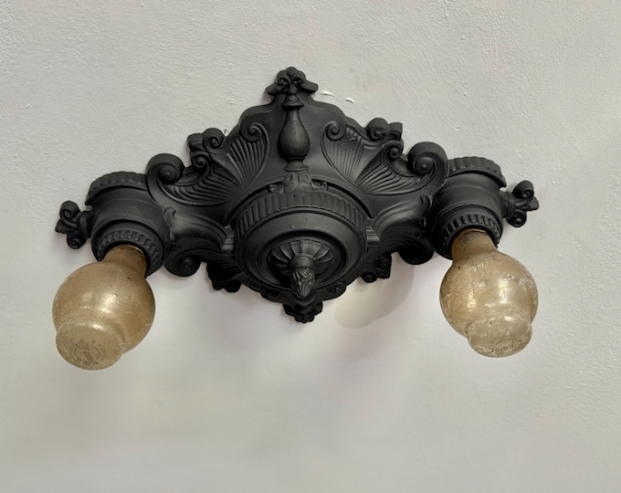 Antique Flush Mount Ceiling Light Fixture, 1930's Depression Era, Refinished Charcoal Black, Rewired and Ready to Install