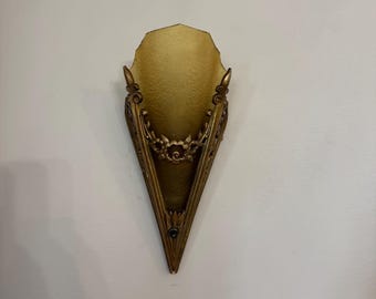 1905-07 Antique Slip Shade Wall Sconce, Single Bulb, Cast Metal with Amber Glass Shades, Rare, Retouched/Rewired/Rebuilt, Ready to Install