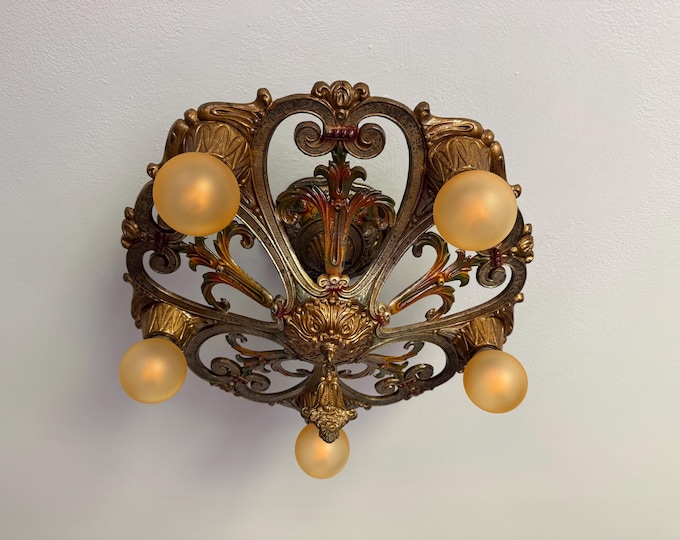 1914 Semi-Flush Fixture Chandelier, Original Multi Color Decor, Patina,  Rewired and Ready to Install