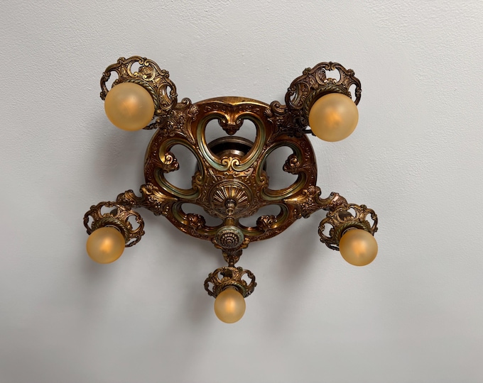 1909 Antique Semi-Flush Fixture, 5 Bulb Chandelier, Original Bronze Decor with Robin Egg Blue Accents, Restored/Rewired, Ready to Install