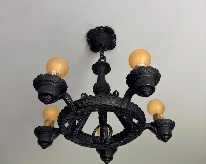 Art Deco Hanging 6 Bulb Ceiling Fixture, 1910's Cast Iron, Rewired/Restored, Charcoal Black, Tall Ceilings