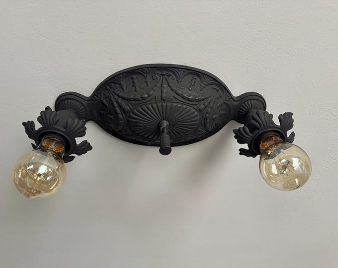 Antique Flush Mount Light Fixture, 1909 Cast Iron Charcoal Black, Rewired/Restored and Ready to Install, Beyer and Company