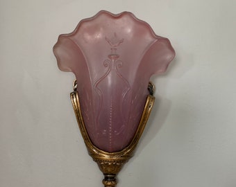 Rare Slip Shade Wall Sconce with Lavender Glass Shades, 1910's, Restored/Rewired, Patina on Bronze