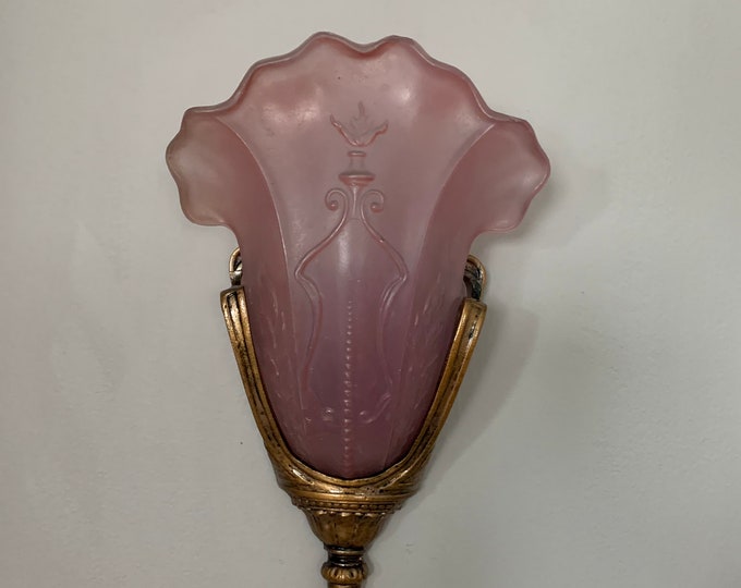 Rare Slip Shade Wall Sconce with Lavender Glass Shades, 1910's, Restored/Rewired, Patina on Bronze