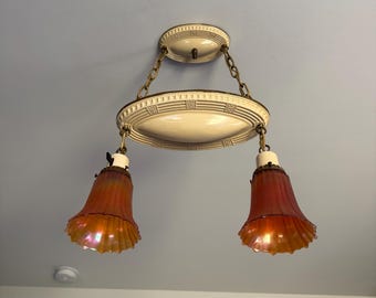 Antique 1907 Two-Tiered Hanging Fixture with NuArt Merigold Carnival Glass, Two Bulb Pressed Brass, Ivory Decor, Rewired/Ready to Install