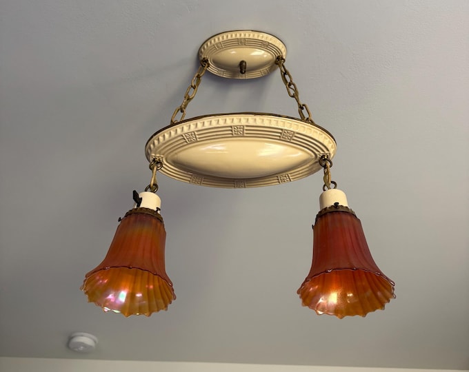 Antique 1907 Two-Tiered Hanging Fixture with NuArt Merigold Carnival Glass, Two Bulb Pressed Brass, Ivory Decor, Rewired/Ready to Install