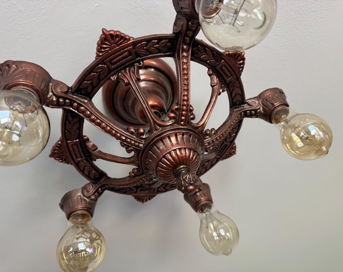 Antique Cast Iron Semi-Flush Mount Light Fixture, 1910's Five Bulb, Copper Decor, Rewired and Ready to Install