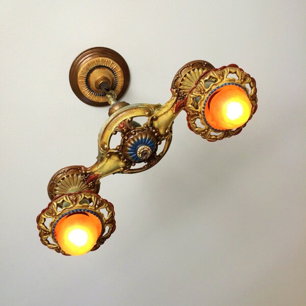 Reserved Antique Hanging Chandelier Light Fixture, 1910's, Restored, Patina, Original Multi Colors, Rewired and Restored