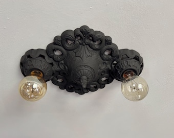 Farmhouse Flush Mount Ceiling Light Fixture, 1920's Cast Iron, Rewired and Refinished Charcoal Black, Ready to Install