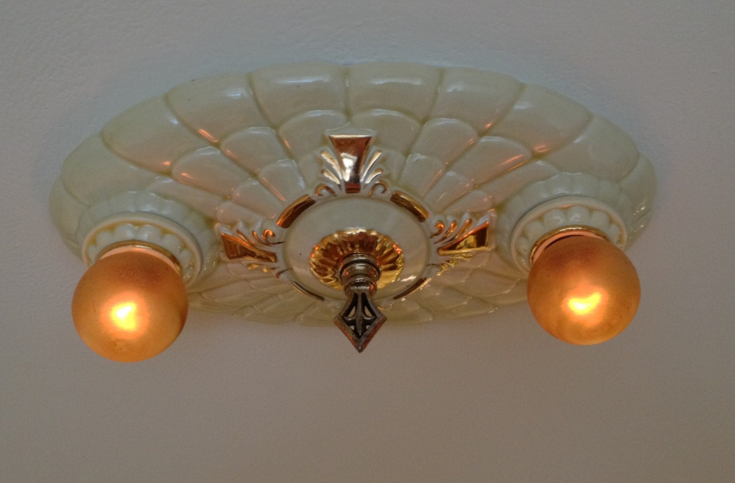 Antique Flush Mount Ceiling Fixture, Two Light Porcelain Bone China