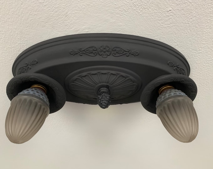 Antique Farmhouse Flush Mount Light Fixture, 1920's Two Bulb Pressed Brass with Porcelain Socket Covers, Rewired/Refinished Charcoal Black