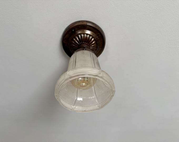 1930's Semi-Flush Single Bulb Ceiling Light Fixture, Acid Washed with Bronzed Mounting Hardware, Ready to Install