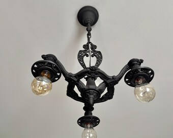 Art Deco Hanging 3 Bulb Ceiling Fixture, 1910's Cast Aluminum, Rewired/Restored, Charcoal Black