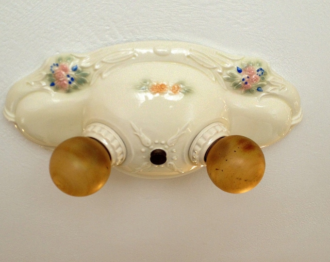 Antique Farmhouse Flush Mount Ceiling Fixture, Two Light Porcelain Bone China, Rewired, ca 1930's Porcelier