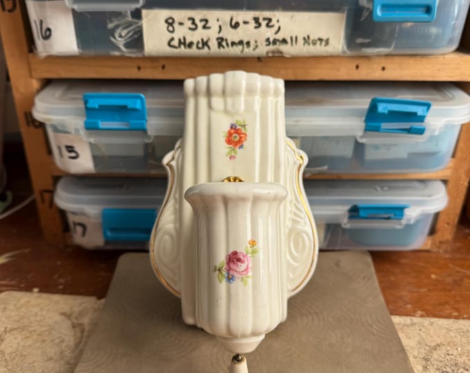 1910's Porcelain Wall Sconce, Creamy White with Hand Painted Florals, Rewired with On/Off Pull Chain and Aesthetic Plug-In Receptacle