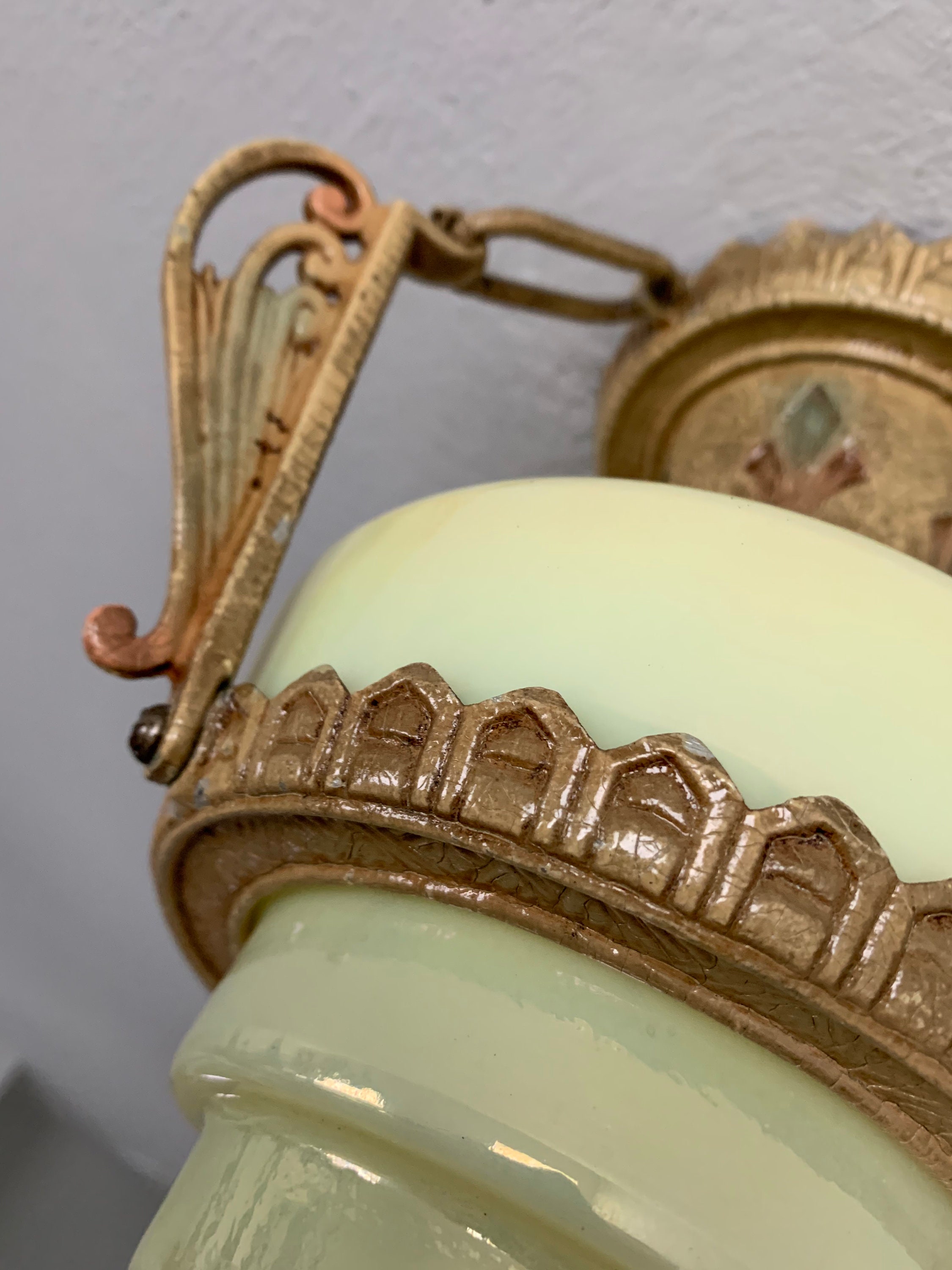 Antique Hanging Slip Shade Ceiling Fixture, 1910's Cast Aluminum Single