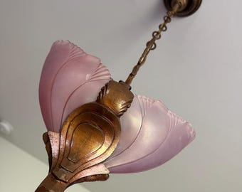 Rare Pink/Lavender Batwing Hanging Antique Ceiling Fixture, 1920's Two Bulb Original Bronze Decor, Rewired and Ready to Install