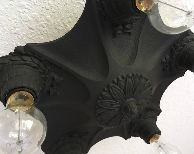 Semi Flush Mount Cast Iron Ceiling Light, 1920's Art Deco, Markel Web Design, Charcoal Black, Rewired, Short Ceiling