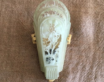Antique Slip Shade Wall Sconce, 1920's Single Bulb with Green Glass and Heavy Cast Iron Base, Refinished to Original Color and Rewired