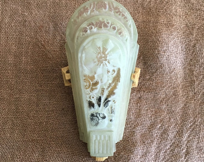 Antique Slip Shade Wall Sconce, 1920's Single Bulb with Green Glass and Heavy Cast Iron Base, Refinished to Original Color and Rewired