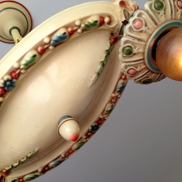 Farmhouse Hanging Ceiling Light Fixture, Original Decor Two Bulb Pressed Brass, 1910's, Rewired Restored, Creamy Beige Multi-Color