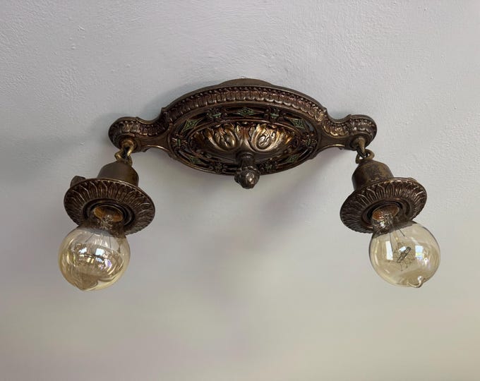 Flush Mount Antique Ceiling Light, 1907 Original Deep Bronze Decor with Green Accents, Cast Iron Rewired/Restored and Ready to Install