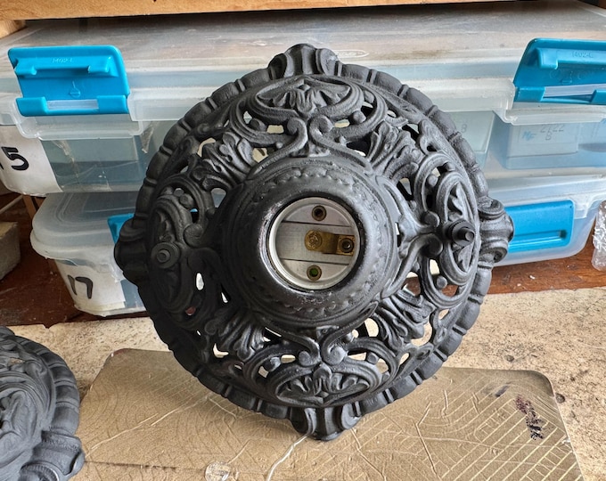 Antique Flush Mount 1 Bulb Ceiling Fixture, 1910's Cast Iron, Refinished Charcoal Black, Rewired and Ready to Install
