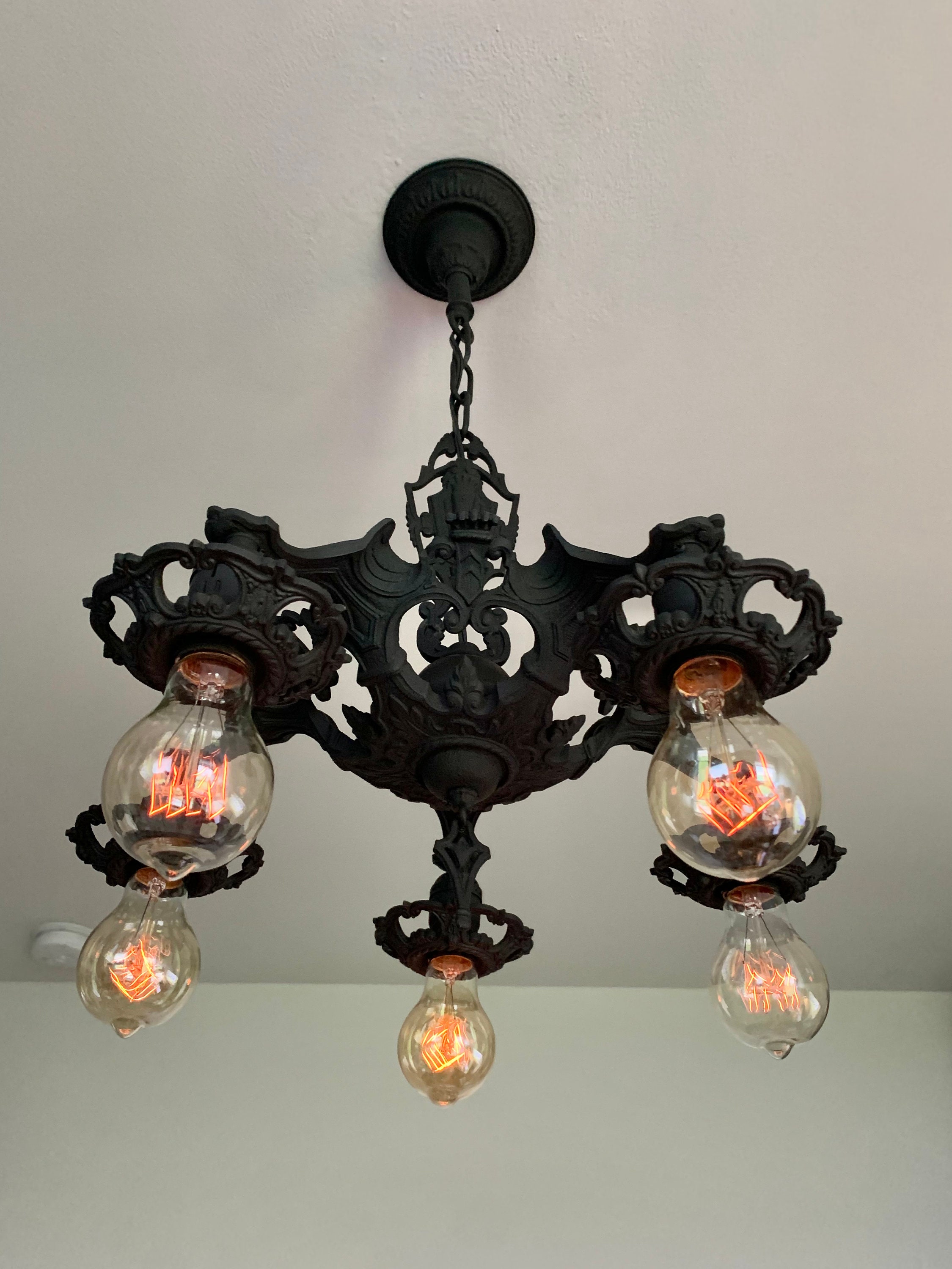 Antique Hanging Ceiling Fixture, 1907 Heavy Cast Iron, Charcoal Black