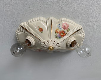 Antique Farmhouse Flush Mount Ceiling Fixture, Two Light Porcelain, Rewired, 1930's Porcelier