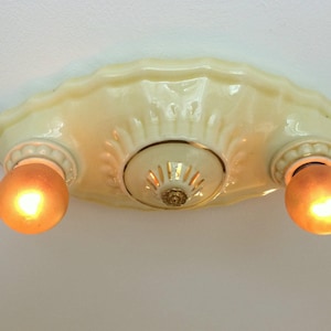 Flush Mount Ceiling Fixture Lighting, Porcelain Bone China, 1930&#39;s Cream Yellow, Rewired, Kitchen Hallway Bedroom